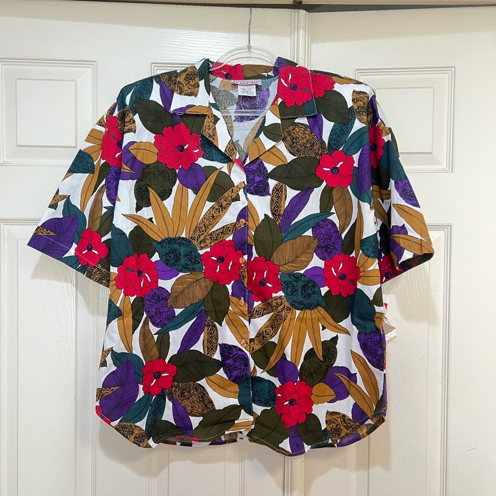 VNTG Cabrais Colorful Floral Print Hawaiian Shirt Women Size 18 Artistic Beach